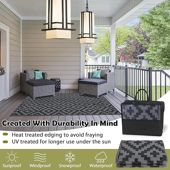Outdoor Rug 3 x 5 Ft Reversible Black Grey Lattice Polypropylene