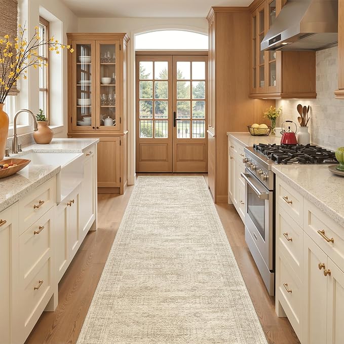 Runner Rug 3x12 Washable Non-Slip Hallway Runner Rugs for Kitchen Bathroom Laundry Room Beige Vintage Floor Carpet Runners for Hallways Entryway