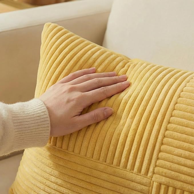 Fancy Homi 2 Packs Yellow Decorative Throw Pillow Covers 18x18 Inch for Living Room Couch Bed, Rustic Farmhouse Boho Home Decor, Soft Corss Corduroy Patchwork Textured Square Cushion Case 45x45 cm