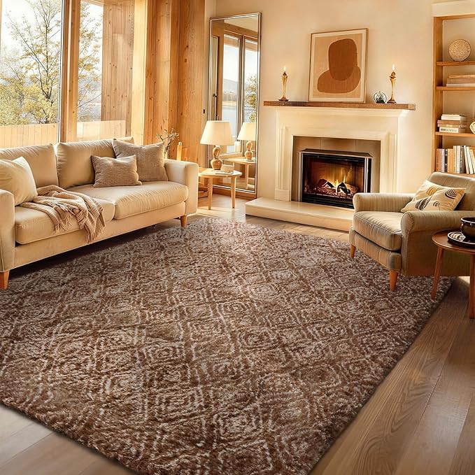 Ophanie Brown and White Diamond Striped Rugs for Living Room 8x10, Fluffy Shag Large Fuzzy Plush Soft Carpets, Shaggy Rugs for Bedroom, Carpet for Kids Boys Girls Dorm Nursery Home Decor Aesthetic
