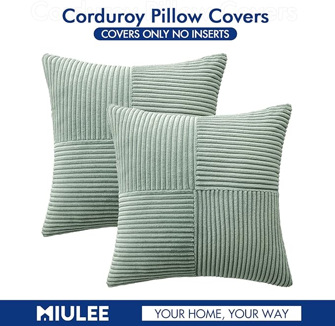 MIULEE Greyish Green Decorative Throw Pillow Covers 20x20 Inch for Couch Bed Sofa Spring Decor Pack of 2 Boho Farmhouse Throw Pillows Soft Cross Corduroy Patchwork Textured Cushion Cases