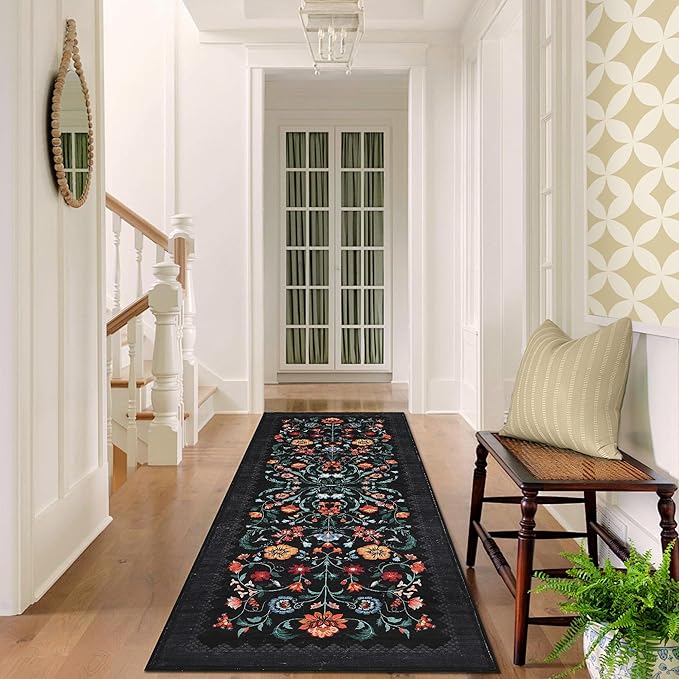 GarveeHome Floral Rug 2.5x10 Runners for Hallways, Boho Kitchen Runner Rugs Non Slip Bath Runners, Vintage Washable Runner Rug for Bedroom, Soft Long Rugs for Entryway Bathroom Laundry Dorm, Black