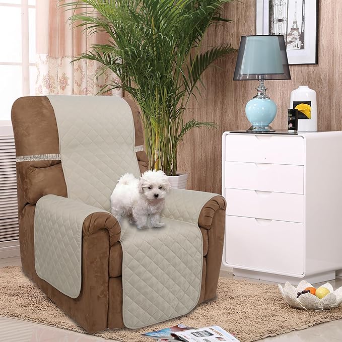 U-NICE HOME Recliner Chair Covers Reversible Quilted Water Repellent Pet Protectors with Elastic Straps (23''Recliner Small, Beige/Beige)