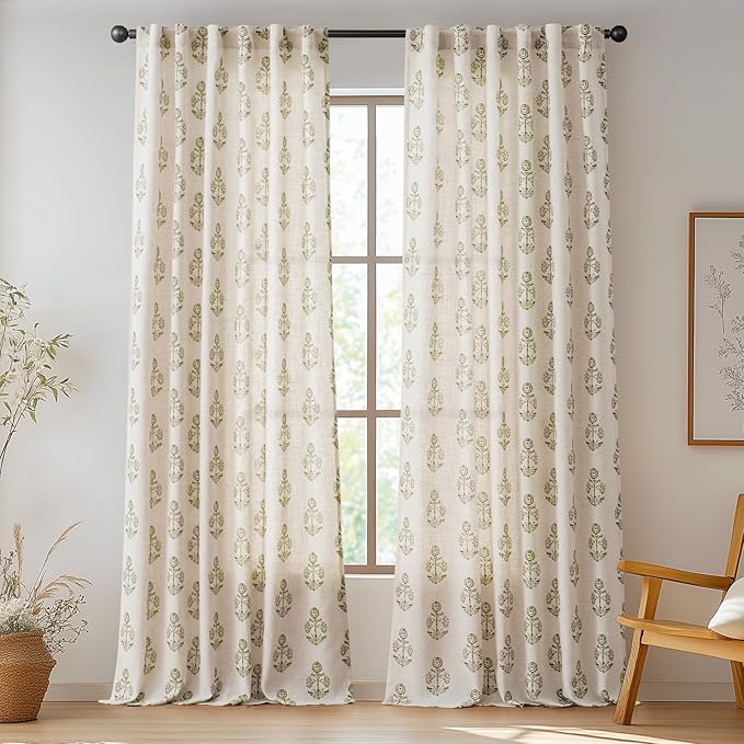 jinchan Linen Floral Curtains for Living Room 96 Inch Length Green Flower Cottage Core Farmhouse Curtains Rod Pocket Back Tab Boho Semi Sheer Window Drapes Bedroom Set 2 Panels Green on Beige