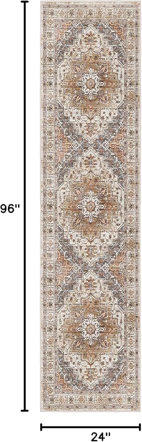 Madane Runner Rug 2x8, Washable Hallway Runner Rugs, Non-Slip Low-Pile Soft Kitchen Rug Runner Laundry Room Rug, Vintage Throw Entry Foyer Mat for Entrance Living Room (Turmeric/Grey, 2 x 8)