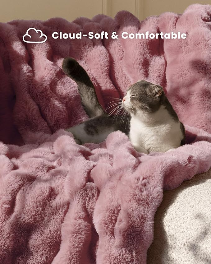 Ultra Soft Cozy Faux Fur Throw Blanket, Fuzzy Plush Thick Bubble Blanket, Oversize Luxury Fluffy Blanket for Couch, Sofa, Bedroom, and Living Room,50x60 Inches,Pink
