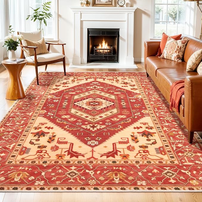 SERISSA 6x9 Area Rugs for Living Room, Large Washable Non-Slip Boho Rug, Ultra Soft Vintage Red Oriental Tribal Print Distressed Carpet for Dining Room Bedroom Dorm Office Home Decor