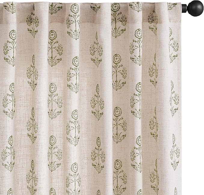 jinchan Linen Floral Curtains for Living Room 63 Inch Length Green Flower Cottage Core Farmhouse Curtains Rod Pocket Back Tab Boho Semi Sheer Window Drapes Bedroom Set 2 Panels Green on Beige