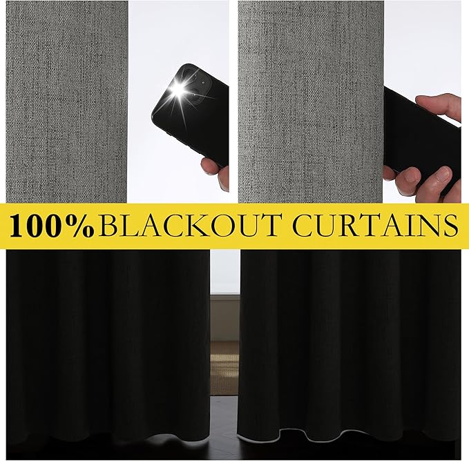 NICETOWN Grizzle Gray Vintage Linen 100% Blackout Curtains for Living Room, Thermal Insulated Curtains 72" Long, Noise Reducing Window Treatment Drapes for Hall Room, 52" Wide Per Panel, Set of 2