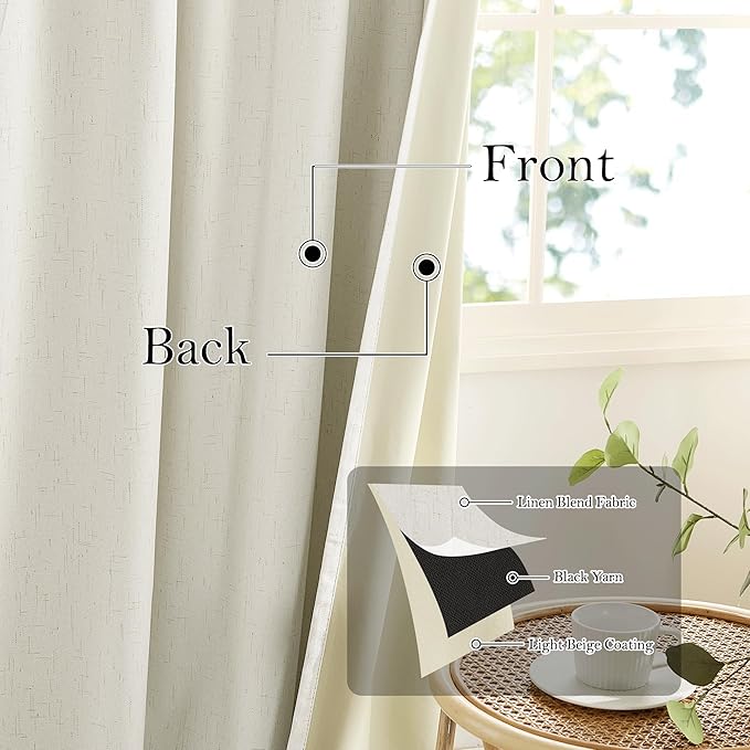 RYB HOME Cream White Linen Blackout Curtains, 100% Blackout Thermal Insulated Boho Farmhouse Window Curtain Panels for Living Room, Back Tab & Rod Pocket, 52" W x 108" L, 2 Panels Set