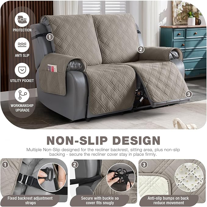 TAOCOCO 100% Waterproof Oversized Loveseat Recliner Cover, Non Slip Split Couch Covers for Reclining Loveseat with Elastic Straps for Kids Pets(Oversized 2 Seater, Light Browm)