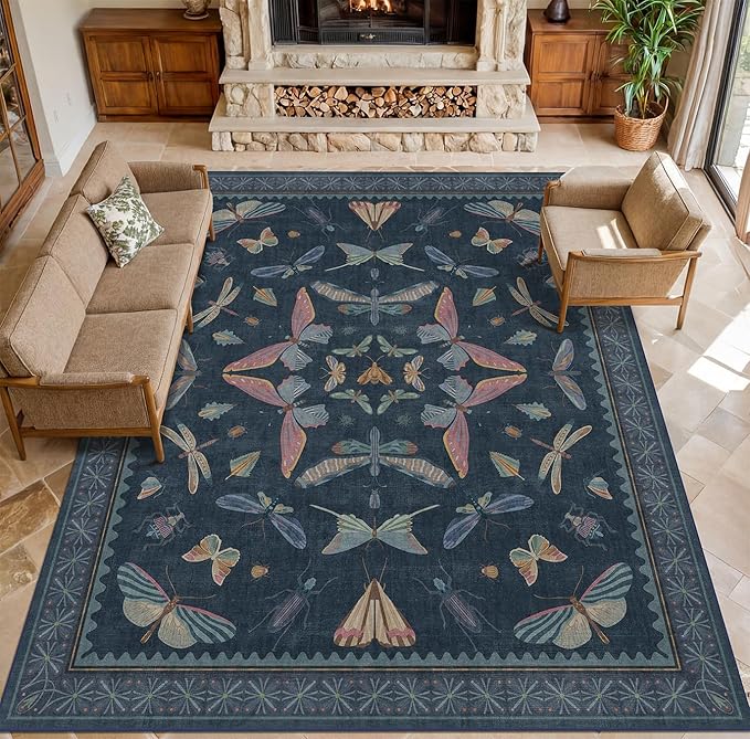 8x10 Large Farmhouse Rugs for Living Room - Unique Washable Area Rug for Bedroom, Dining Room Under Table, Boho & Insect Design, Vintage Moth Décor, Low Pile Soft Carpet (Dark Blue)