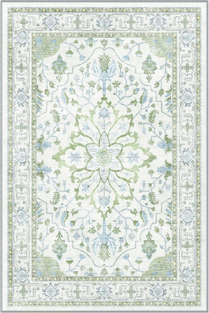 Area Rugs Round 4ft Washable Non-Slip, Floral Vintage Distress Print Pattern Medallion Carpet for Living Room Bedroom Dining Room, Green White Blue