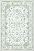 Area Rugs Round 4ft Washable Non-Slip, Floral Vintage Distress Print Pattern Medallion Carpet for Living Room Bedroom Dining Room, Green White Blue