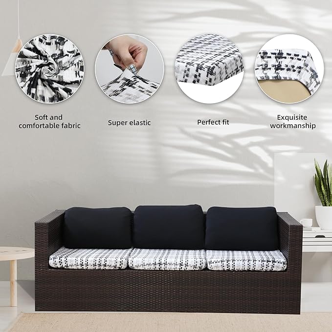 8Pcs Stretch Patio Cushion Covers,Outdoor Couch Covers Replacement,Outdoor Couch & Sofa Slipcovers,for Patio Furniture Cushion Covers,Washable Reusable urniture Protector(Black Grid,8PCS)