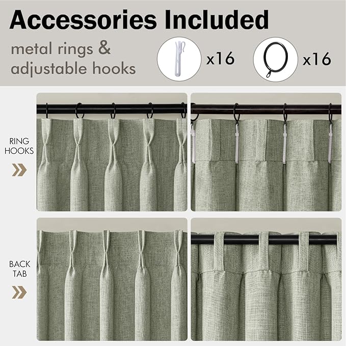 MIULEE Pinch Pleated Thick Linen Curtains 102 Inches Long 2 Panels for Living Room Bedroom, Memory Trained Drapes Pleat Back Tab Light Filtering Boho Sage Green Window Curtains with Hooks