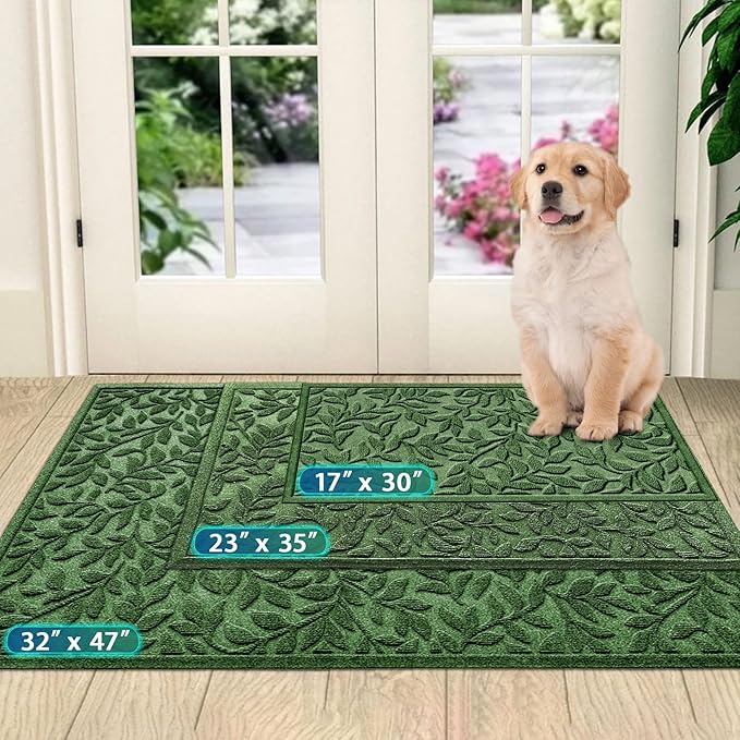 Bulijojo Sturdy Frontr Entrance Doormats,Durable Heavy Duty Welcome Mat,Thick Absorbent Natural Rubber Non Slip Mat,Easy Clean Entryway Mat Leaves Green 23"x35"