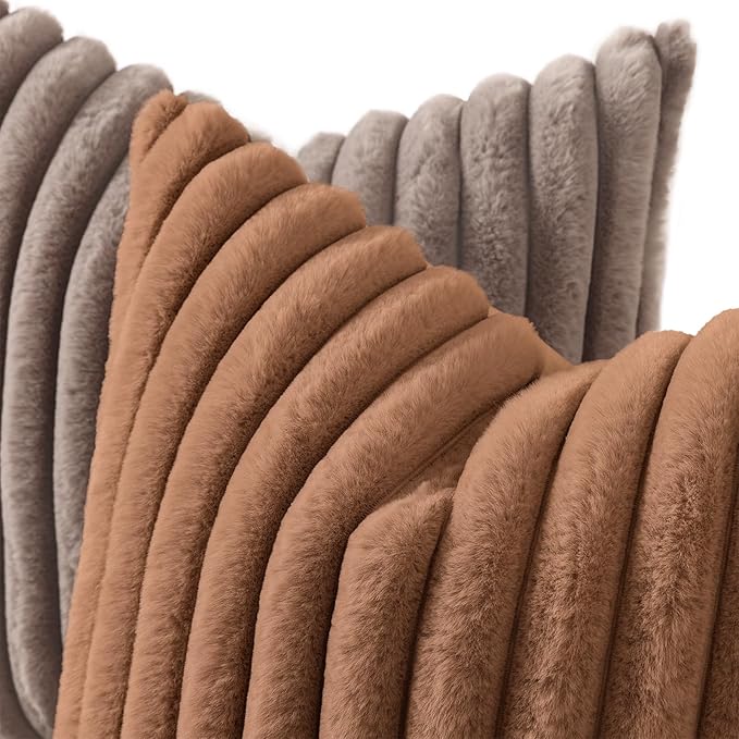 decorUhome Cozy Faux Fur Throw Pillow Covers 20x20 Set of 2 Decorative Soft Plush Striped Modern Farmhouse Boho Couch Pillow Cases with Velvet Back for Sofa Bed Living Room, Brown