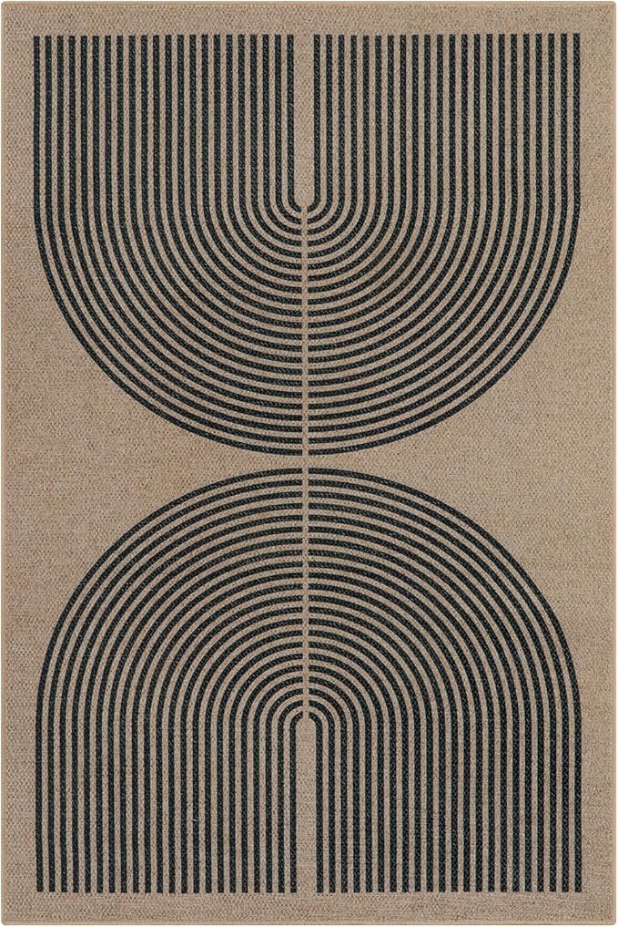 Lahome Enfys Modern Rainbow Easy Jute Office Rug, Outdoor Patio Rug 4x6 for Living Room Washable Carpet for Bedroom, Farmhouse Contemporary Non Slip Non Shedding Black Carpet for Backyard