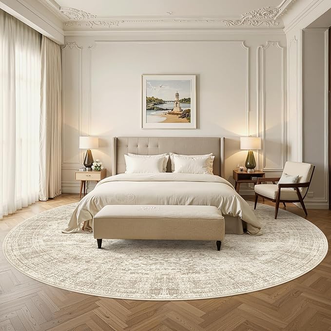 Soalmost 9x9 Beige Round Rug 9ft Living Room Circle Rug Vintage Round Area Rug Non Slip Indoor Carpet for Apartment