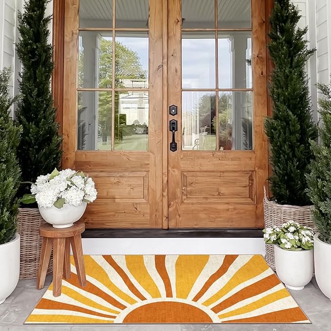 Boho Outdoor Rug - 28" x 43" Front Door Mat Indoor Outside Entrance Non-Slip Washable Outdoor Mat Orange Entry Rug for Entryway Entrance Kitchen Bedroom Layered Doormat for Front Porch Decor
