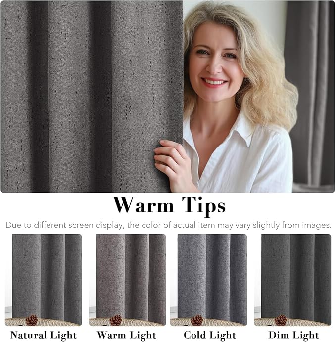 H.VERSAILTEX Linen Curtains 100% Blackout Curtains for Bedroom 90 inch Long Full Light Blocking Nature Linen Blended Window Curtains for Living Room Nickel Grommet (2 Panels, Grey)