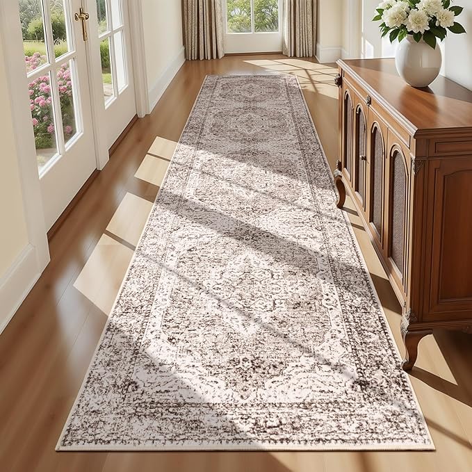 Lofus 2x10 Runner Rug for Hallways, Washable Kitchen Rugs, Non-Slip Rugs for Entryway and Bedroom, Vintage Boho Carpet, Soft Low Pile Long Runner Area Rug, Vintage Beige Brown