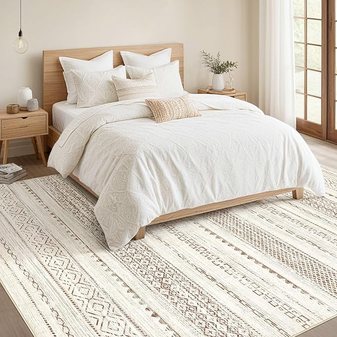 Nakagishi Area Rug Living Room Rugs: 5x7 Machine Washable Boho Large Neutral Farmhouse Stain Resistant Moroccan Indoor Floor Carpet for Bedroom Nursery Dorm Classroom Playroom Dining Room Home- Brown