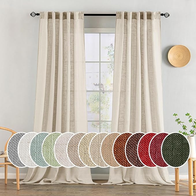 MIULEE Beige Linen Curtains 96 Inches Long 2 Panels for Bedroom Living Room, Soft Linen Textured Window Drapes Semi Sheer Light Filtering Back Tab Rod Pocket Farmhouse Modern Burlap Look Decor