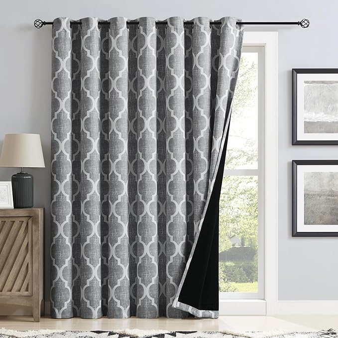 Beauoop 100% Blackout Curtains 84 Inches Long for Patio Sliding Door Grey Extra Wide Moroccan Geo Room Darkening Gray Thermal Soundproof Room Divider Grommet Window Treatment Drapes,100x84 Set of 1