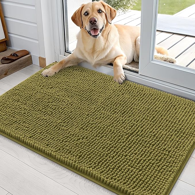 OLANLY Dog Door Mat for Muddy Paws 35x24, Absorbs Moisture and Dirt, Absorbent Non-Slip Washable Doormat, Quick Dry Chenille Mud Mat, Entry Indoor Entryway Carpet for Inside Floor, Willow Green