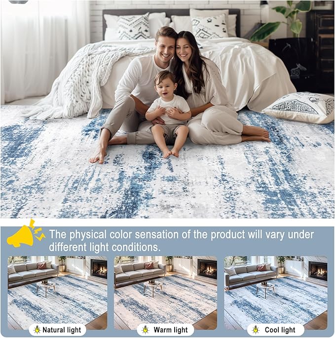 Area Rugs Living Room Rug - 4x6 Washable Modern Abstract Soft Neutral Non-Slip Carpet Large Indoor Floor Thin Carpets for Bedroom Dining Room Farmhouse Nursery Home Office White Blue Grey