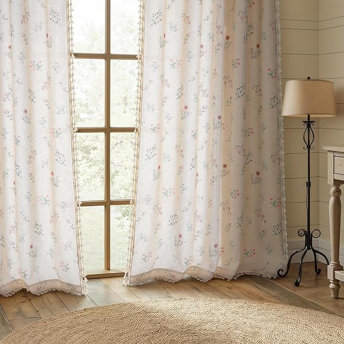 Boho Floral Spring Light Filtering Curtains 96 Inch Length 2 Panels Set, Farmhouse Semi Sheer Bedroom Living Room Vintage