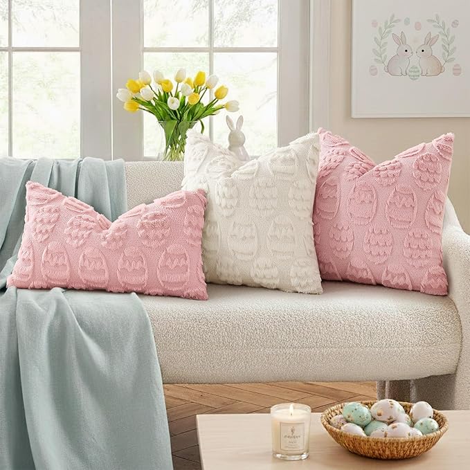 decorUhome Easter Pink Egg Pillow Covers 12x20 Inch Set of 2, Soft Plush Faux Wool Jacquard Cushion Covers, Farmhouse Neutral Fuzzy Spring Easter Holiday Decor for Couch Sofa Bed