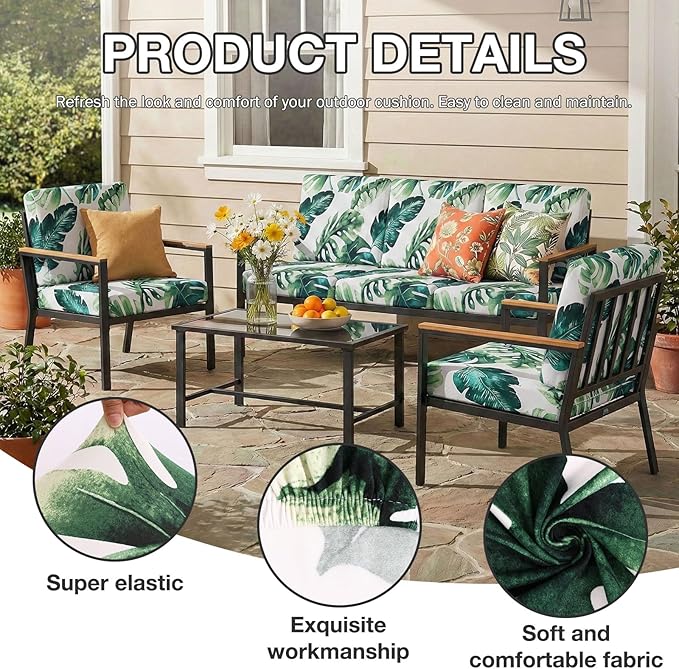 hyha 12Pcs Patio Cushion Covers, Stretch Outdoor Couch Cushion Covers, Washable Outdoor Chair/Sofa Slipcovers for Patio Furniture Cushions Protector with Elastic Bottom(Monstera Deliciosa,Cover Only)