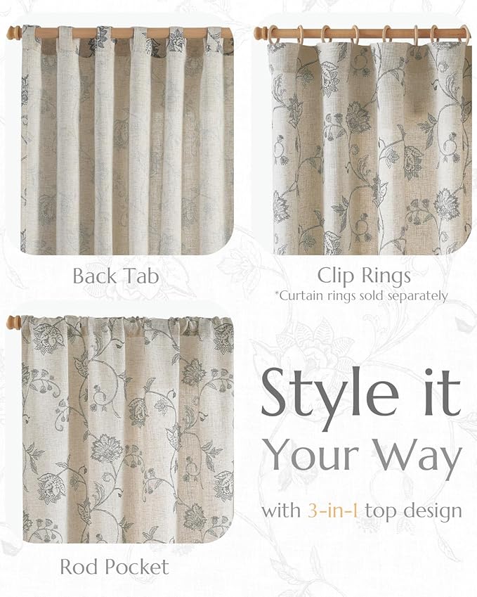 jinchan Linen Curtains Floral Curtains 96 Inch Length for Living Room Bedroom Light Filtering Rod Pocket Back Tab Jacobean Curtains Flax Linen Texture Window Drapes Set 2 Panels Dark Grey on Linen
