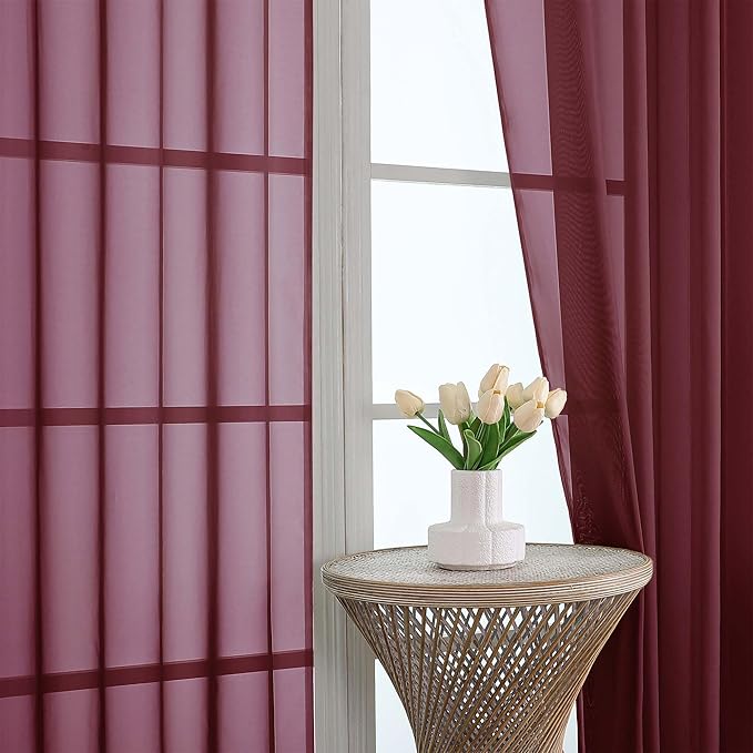 OWENIE Sheer Curtains 2 Panels Set for Bedroom Living Room, Soft Solid Rod Pocket Light Filtering Window Treatment, 2Pcs Each 59" W x 90" L, Burgundy Wine