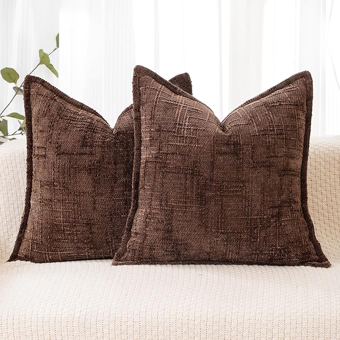 HPUK Fall Chenille Soft Throw Pillow Covers 18x18 Set of 2, Accent Cushion Covers for Living Room, Bedroom, Decorative Solid Color Pillow Covers for Couch, Sofa, Chair, Chocolate