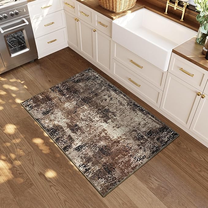 Entrance Rugs Indoor 2x3 Brown Entry Rug Washable Abstract Coffee Small Area Rug Non-Slip Low Pile Throw Rugs for Entryway, Kitchen Floor, Front Door Indoor Door Mat, Bathroom, Bedroom Bedside