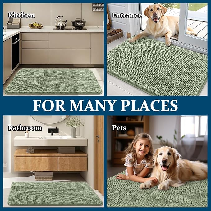 OLANLY Dog Door Mat for Muddy Paws 32x20, Absorbs Moisture and Dirt, Absorbent Non-Slip Washable Doormat, Quick Dry Chenille Mud Mat for Dogs, Entry Indoor Entryway Carpet for Inside Floor, Sage Green