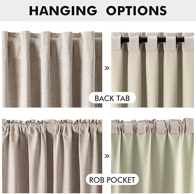 MIULEE 100% Blackout Linen Curtains for Bedroom, Khaki Solid Luxury Decor Thermal Insulation Room Darkening Drapes for Living Room Nursery Back Tab Rod Pocket 42 x 72 Inches, 2 Panels