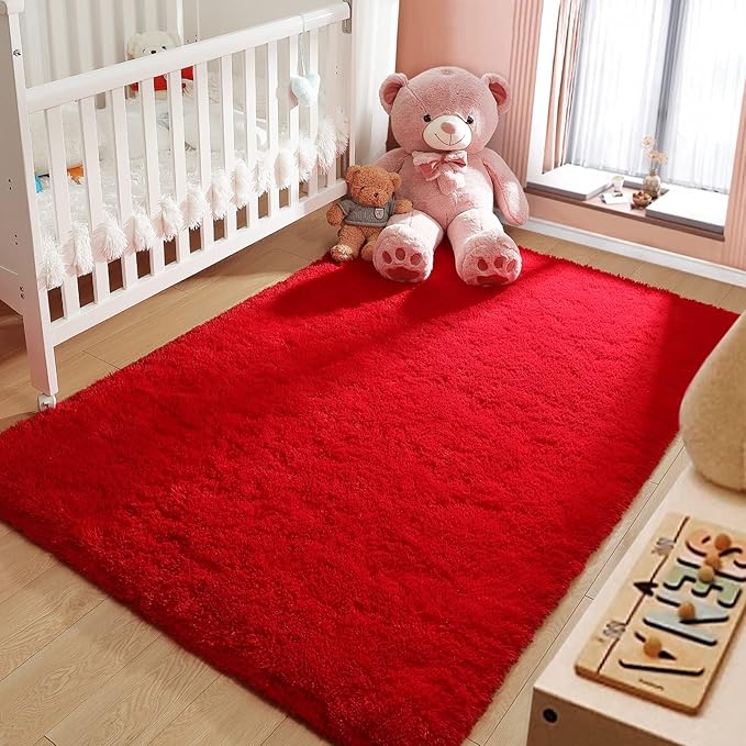 LOCHAS Ultra Soft Indoor Modern Area Rugs Fluffy Living Room Carpets for Children Bedroom Home Decor Nursery Rug 4x5.3 Feet,Red