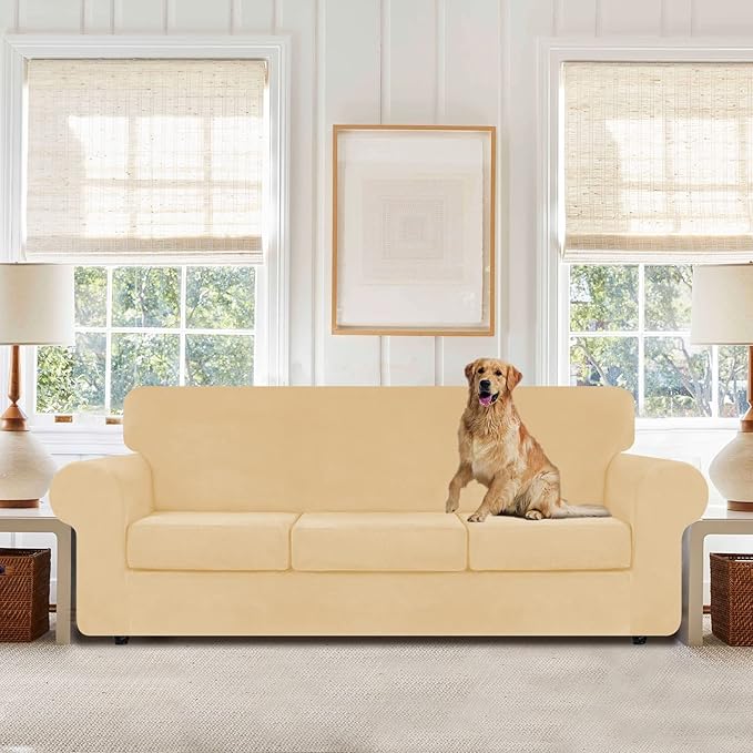 WEERRW 4 Pieces Velvet High Stretch Couch Covers for 3 Cushion Couch Sofa Slipcovers, Washable Furniture Protector with Non Slip Elastic Bottom, Feature Soft and Thick Plush Fabric, Champagne, Large