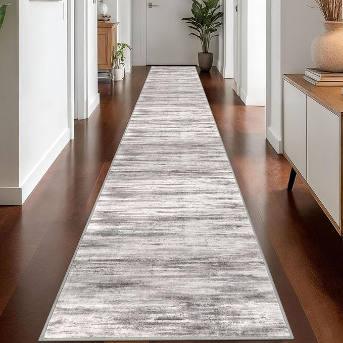 KOZYFLY Modern Abstract Washable Long Runner Rug 2.6x18 Hallway Rug Runner Non-Slip Soft Stair Runner Rugs, Grey/Light Beige/Brown Striped Carpet for Kitchen Entryway Bathroom