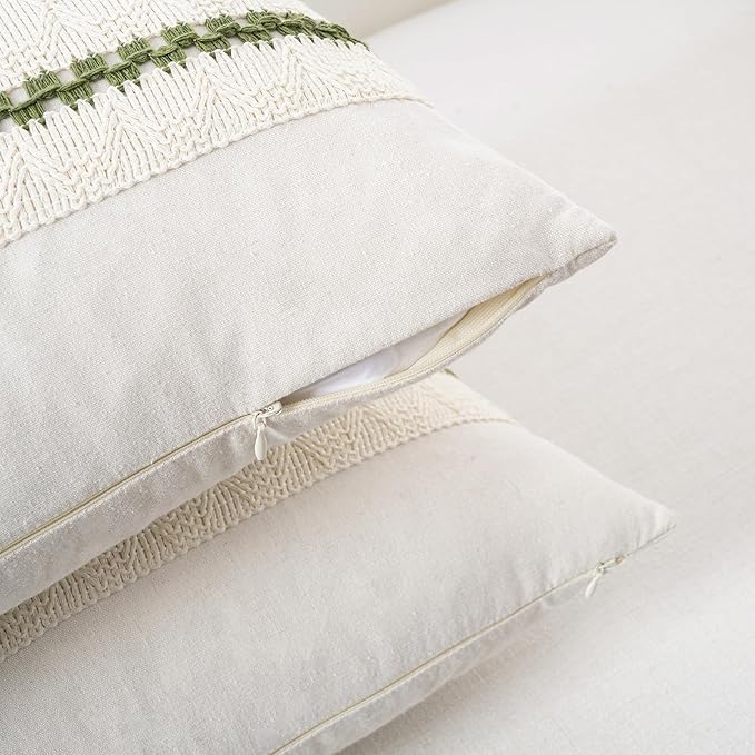 Fancy Homi Set of 1 Boho Moss Green Decorative Throw Pillow Cover 18x18 Inch for Couch Bed Sofa, Aesthetic Modern Organic Farmhouse Home Decor, Soft Cotton Cute Accent Macrame Woven Cushion Case