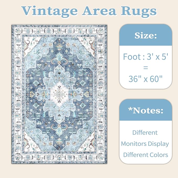 SERISSA Area Rug 3x5 Boho Blue Rugs for Bedroom, Washable Kitchen Rugs Non-Slip, Ultra Soft Print Distressed Vintage Entry Rug Low-Pile Throw Rug Carpet for Bedroom Nursery Living Room Dorm Decor