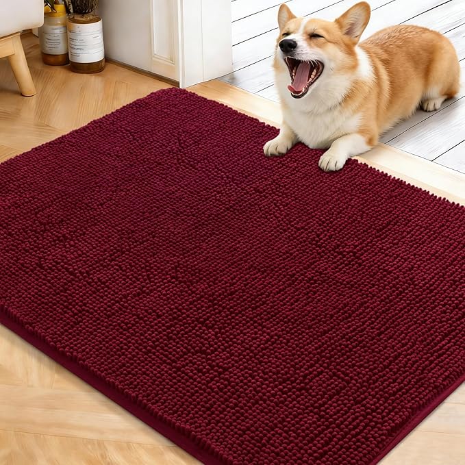 OLANLY Dog Door Mat for Muddy Paws 40x32, Absorbs Moisture and Dirt, Absorbent Non-Slip Washable Doormat, Quick Dry Chenille Mud Mat for Dogs, Entry Indoor Entryway Carpet for Inside Floor, Burgundy
