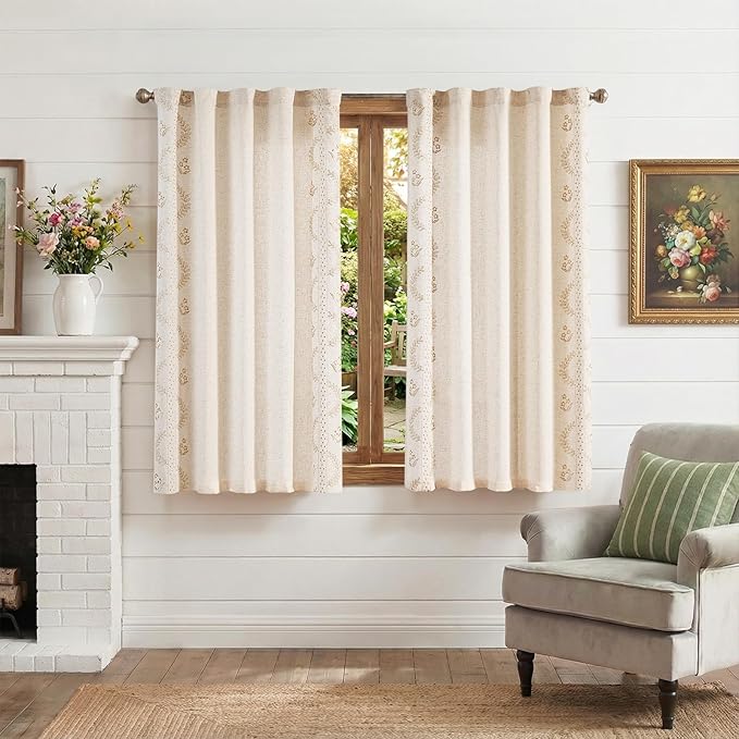 jinchan Belrose Linen Floral Cafe Curtains 45 Inch Length Embroidered Farmhouse Curtains for Kitchen Bedroom Bathroom Small Windows Curtain Set Light Filtering 2 Panels Beige