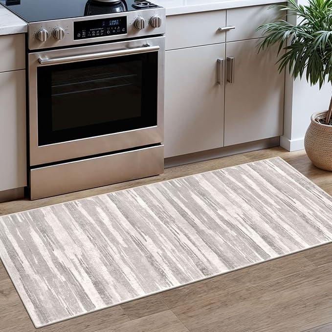 Lansny Modern Abstract Runner Rug 2x5, Neutral Light Beige and Grey Washable Entryway Kitchen Non-Slip Soft Hallway Runner Thin Print Faux Wool Carpet for Bedroom Laundry Room Indoor
