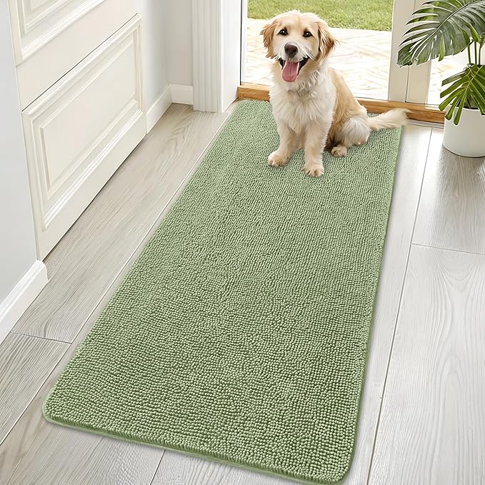 OLANLY Dog Door Mat for Muddy Paws 70x35, Absorbs Moisture and Dirt, Absorbent Non-Slip Washable Doormat, Quick Dry Chenille Mud Mat for Dogs, Entry Indoor Entryway Carpet for Inside Floor, Sage Green